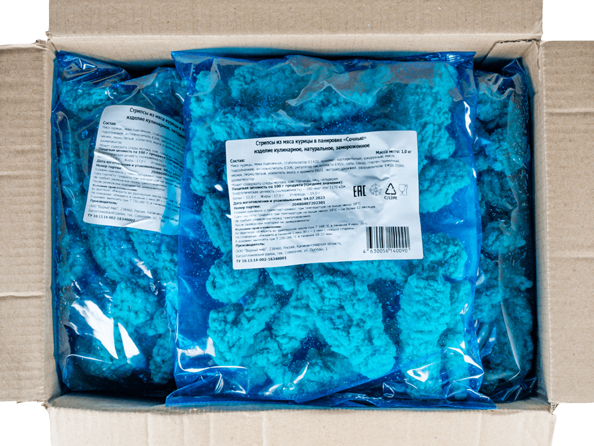 Стрипсы куриные в панировке цельномышечные "Сочные", Водный мир, Россия