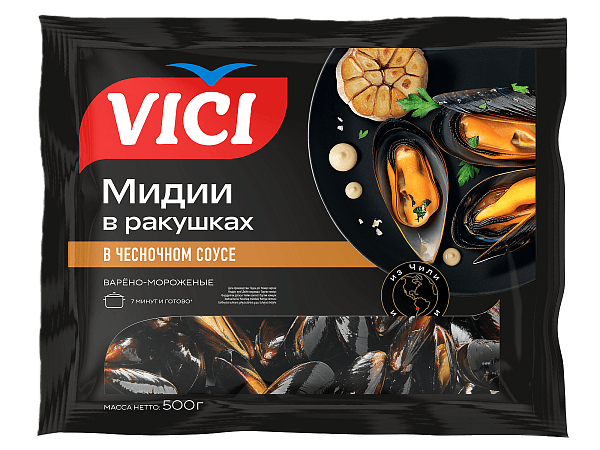 Мидии в ракушках в чесночном соусе 