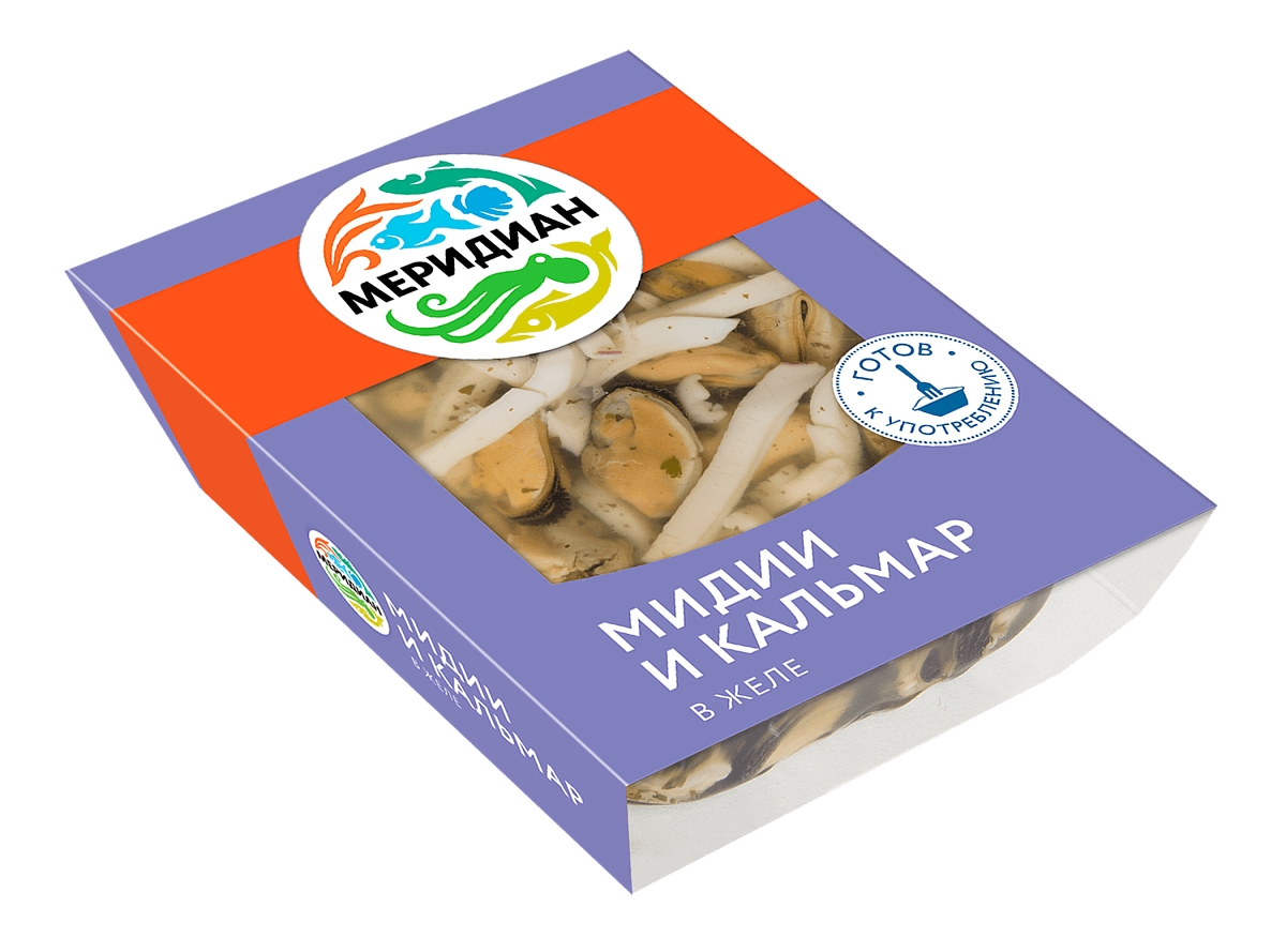 Мидии и кальмар в желе с зеленью